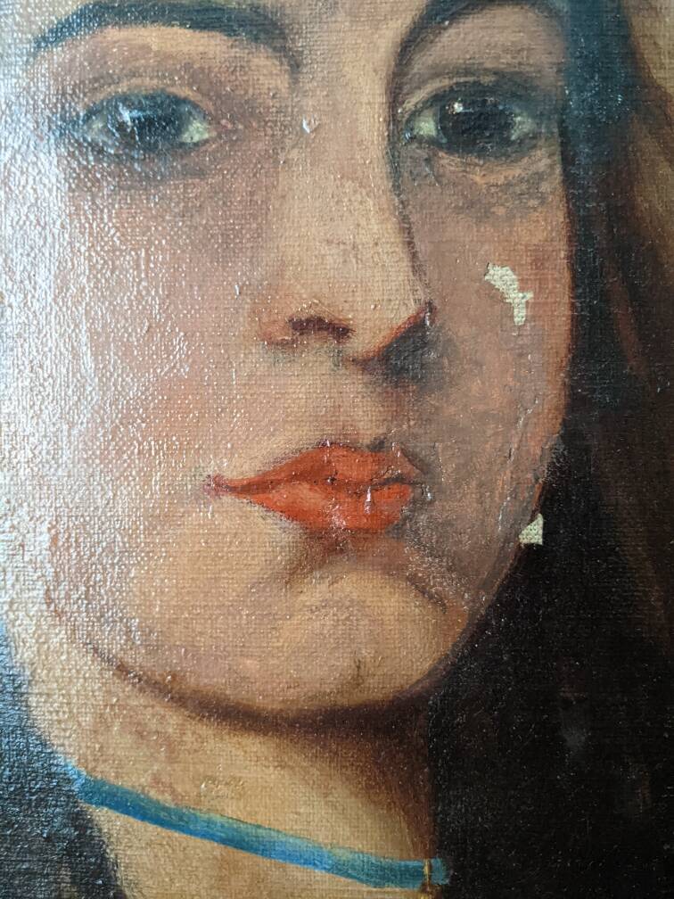 Oil on canvas antique female portrait countryside decoration old painting