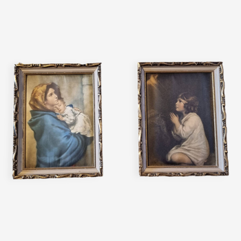 2 small silk pictures and antique vintage frames