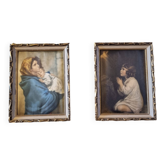 2 petites images en soie et cadres vintage antiques