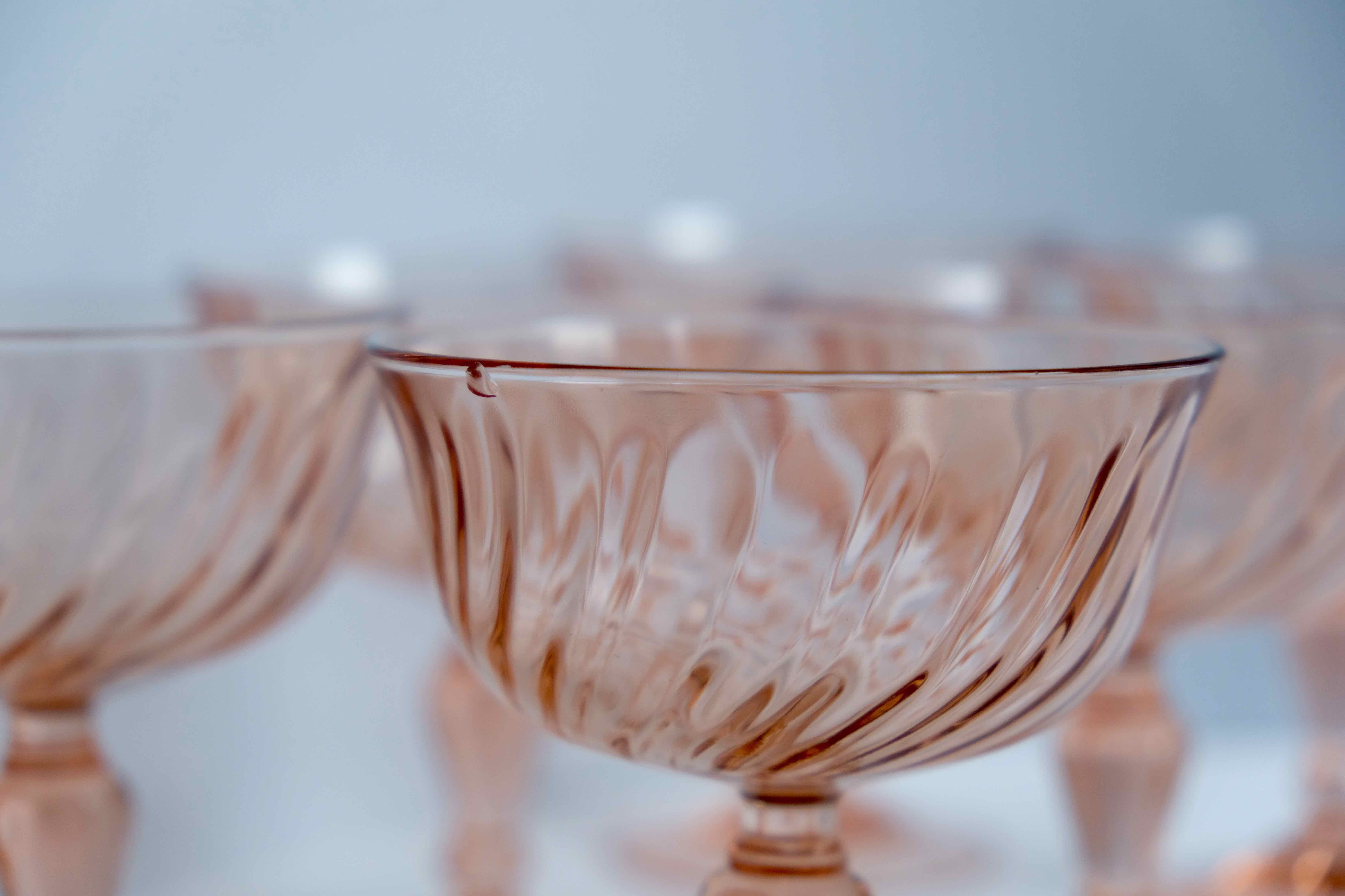 Set of 6 cups champagne rose vintage Rosaline pink swirl glass Arcoroc Luminarc France