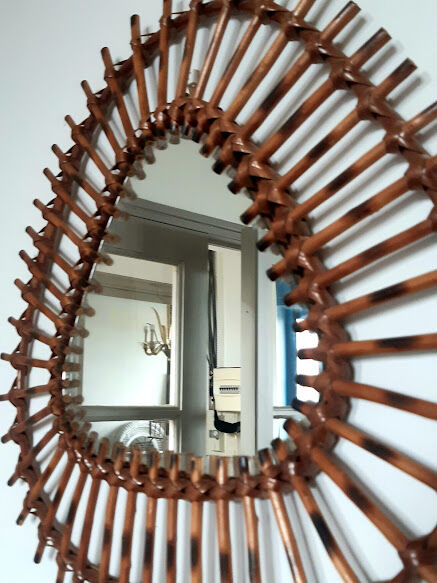 Vintage triangular rattan sun mirror 55x53cm