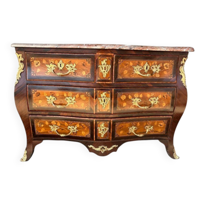 Commode tombeau Louis XV en marqueterie de fleurs d’époque XVIIIème