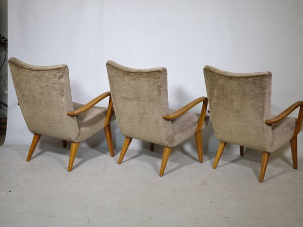 Fauteuils de salon des années 50 avec revêtement en velours, ensemble de 3, années 1960