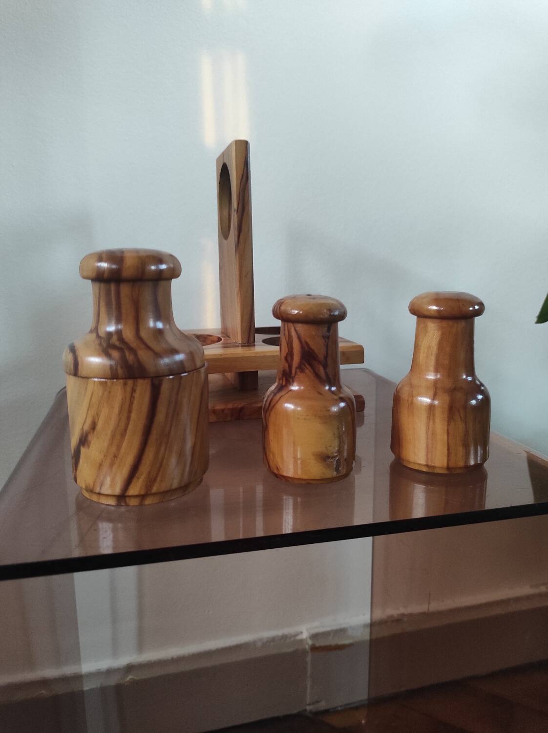 Vintage olive wood condiment service