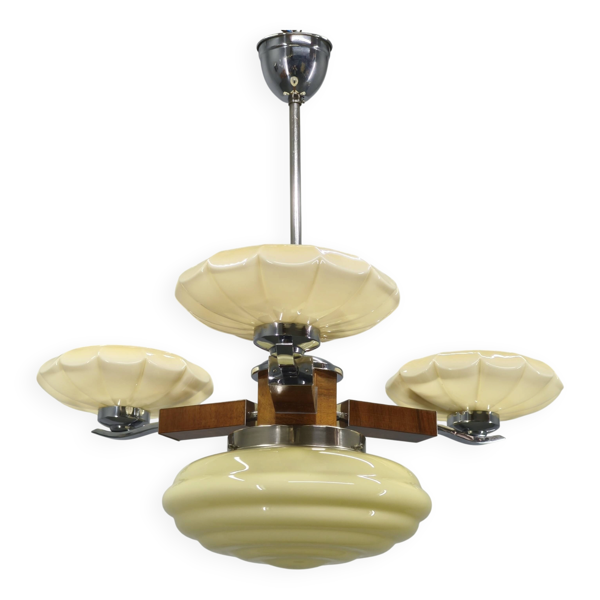 1940s Czechoslovak Art Deco Chandelier in Walnut Chrome and Glass