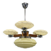 1940s Czechoslovak Art Deco Chandelier in Walnut Chrome and Glass