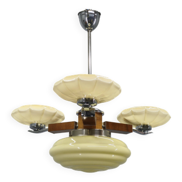 1940s Czechoslovak Art Deco Chandelier in Walnut Chrome and Glass