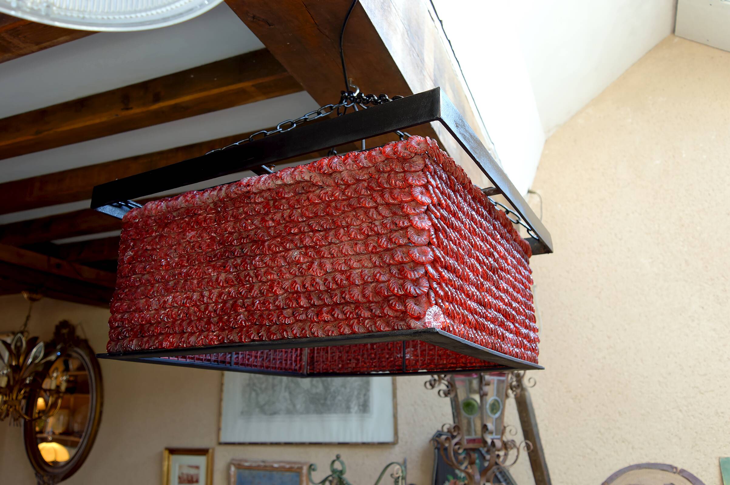 Important Red Glass Bead Chandelier, Murano, Brutalism, c. 1970