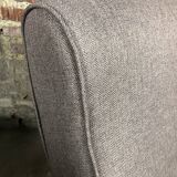 Chairs (pair) in curved rough oak and beige and brown woven mottled fabrics