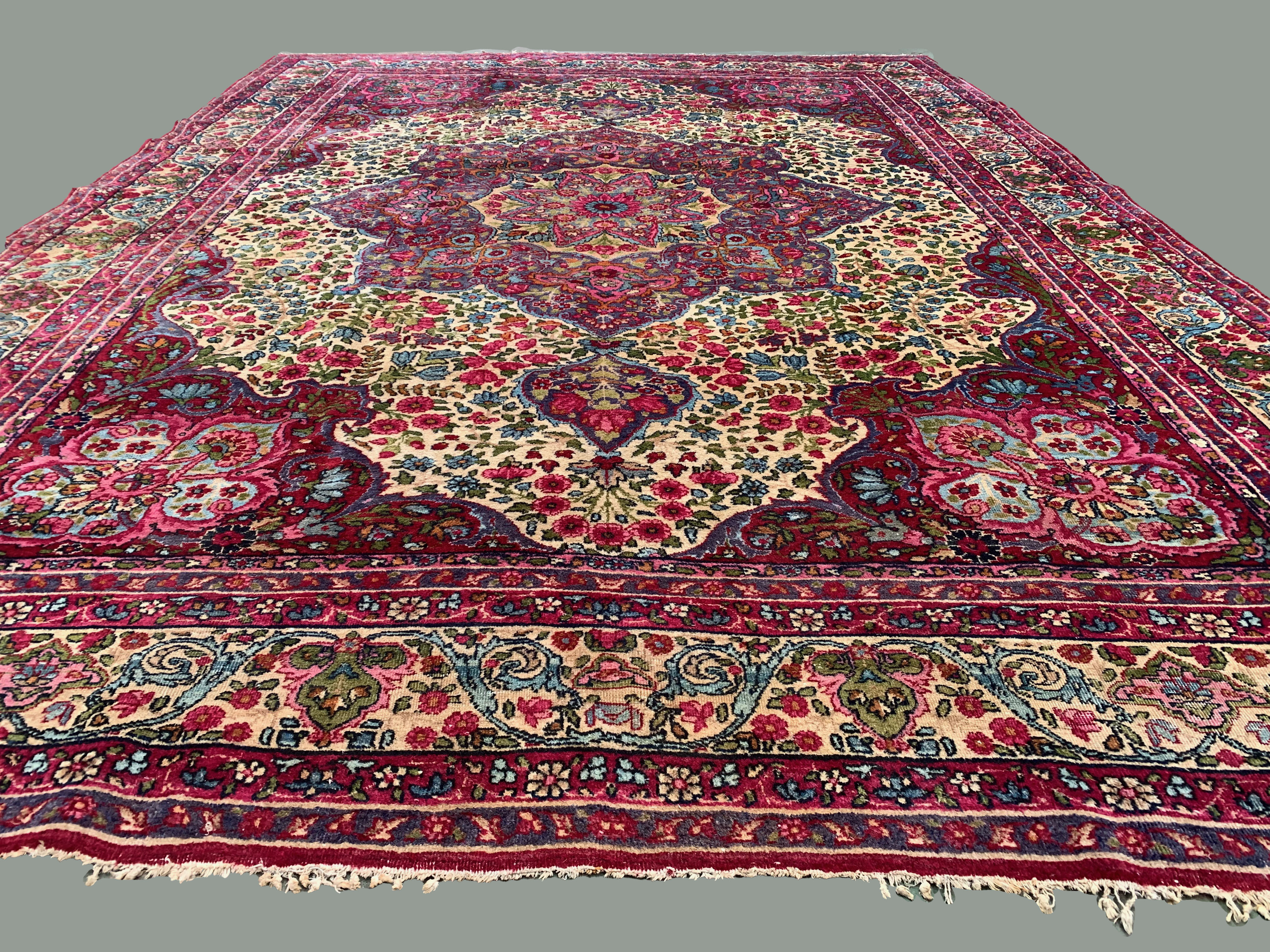 Antique tribal rug 332x240 cm wool oriental hand made carpet pink, purple, green