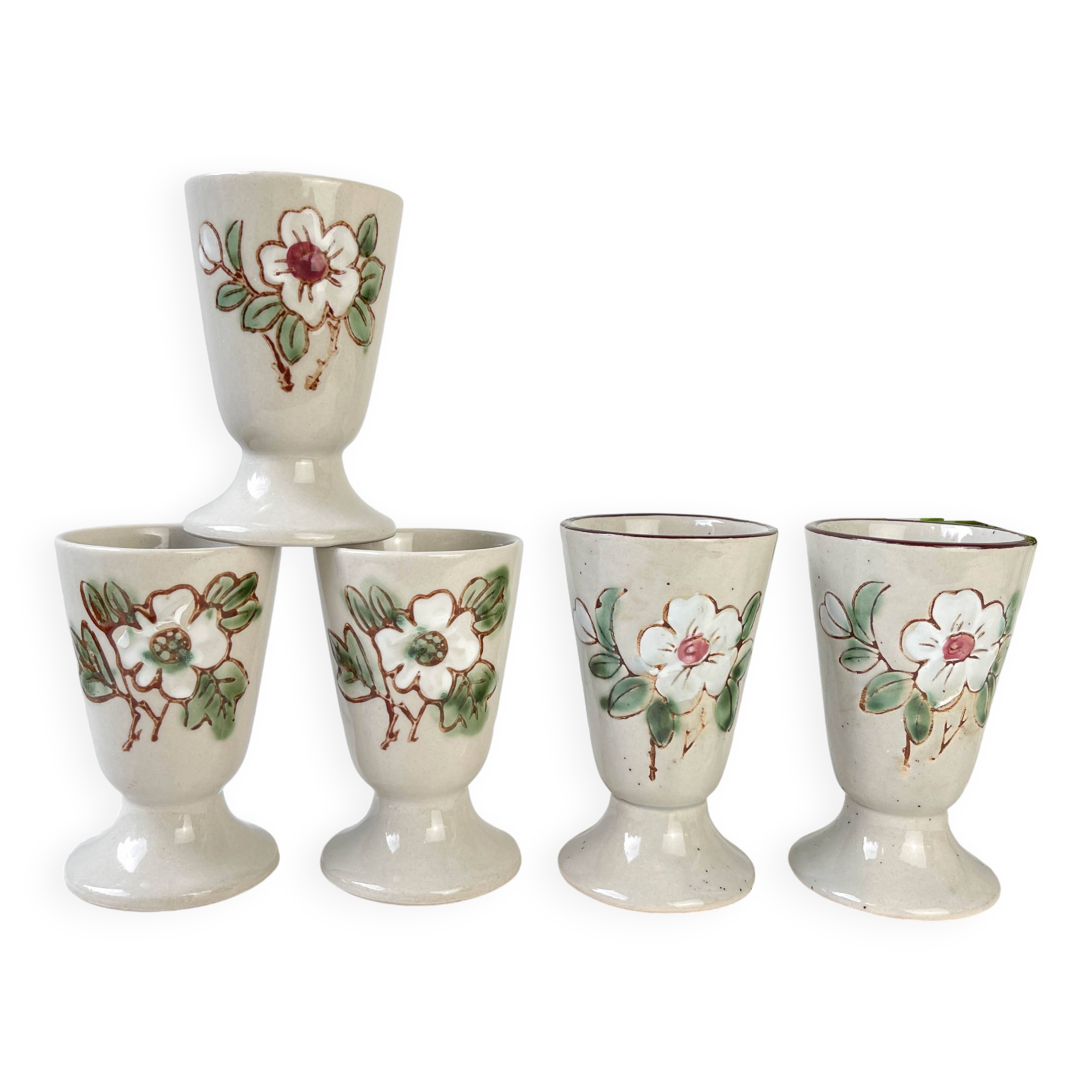 5 vintage stoneware Mazagrans with floral pattern Made in Korea 1980
