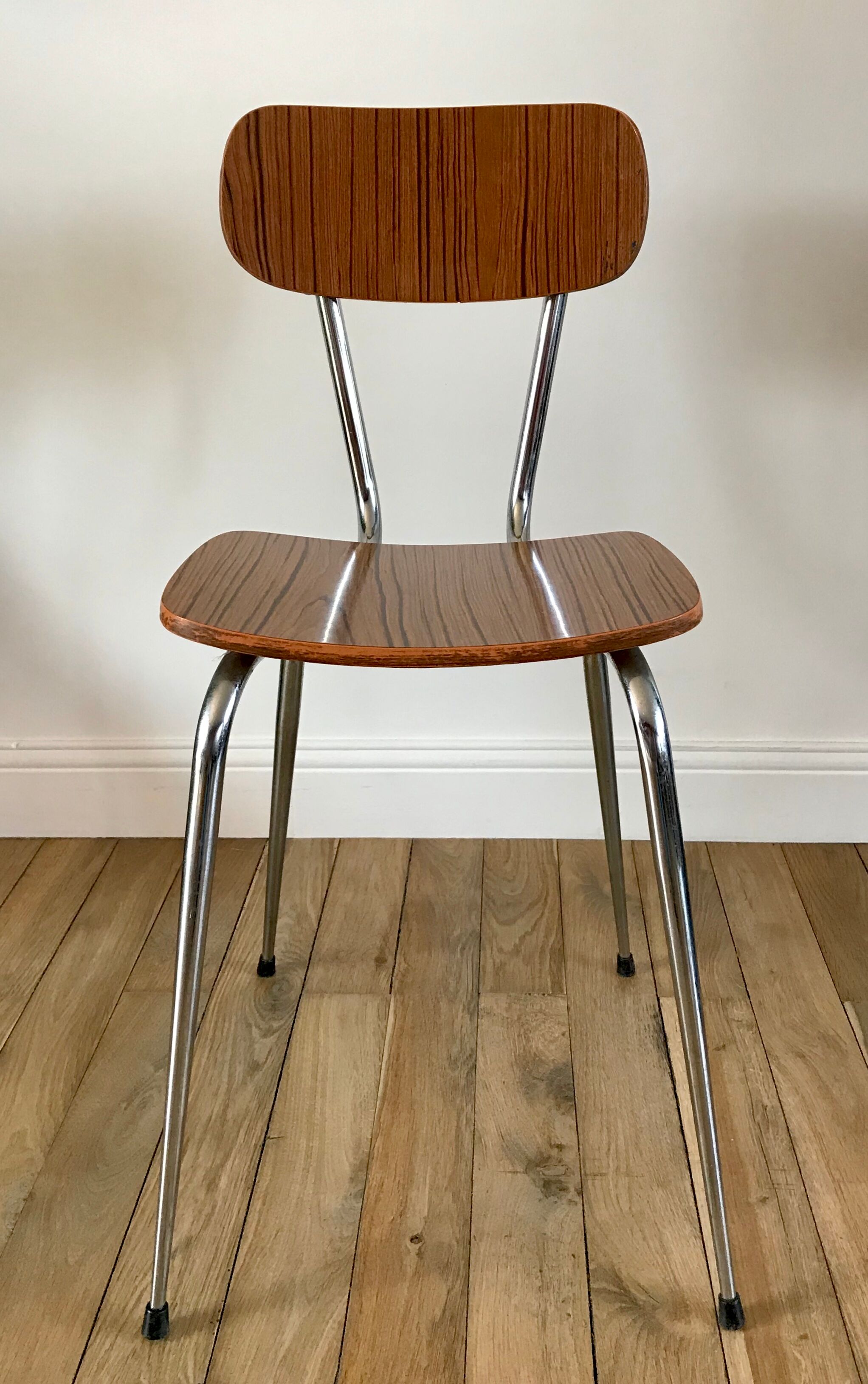 Light brown formica chair and brown tower 70s