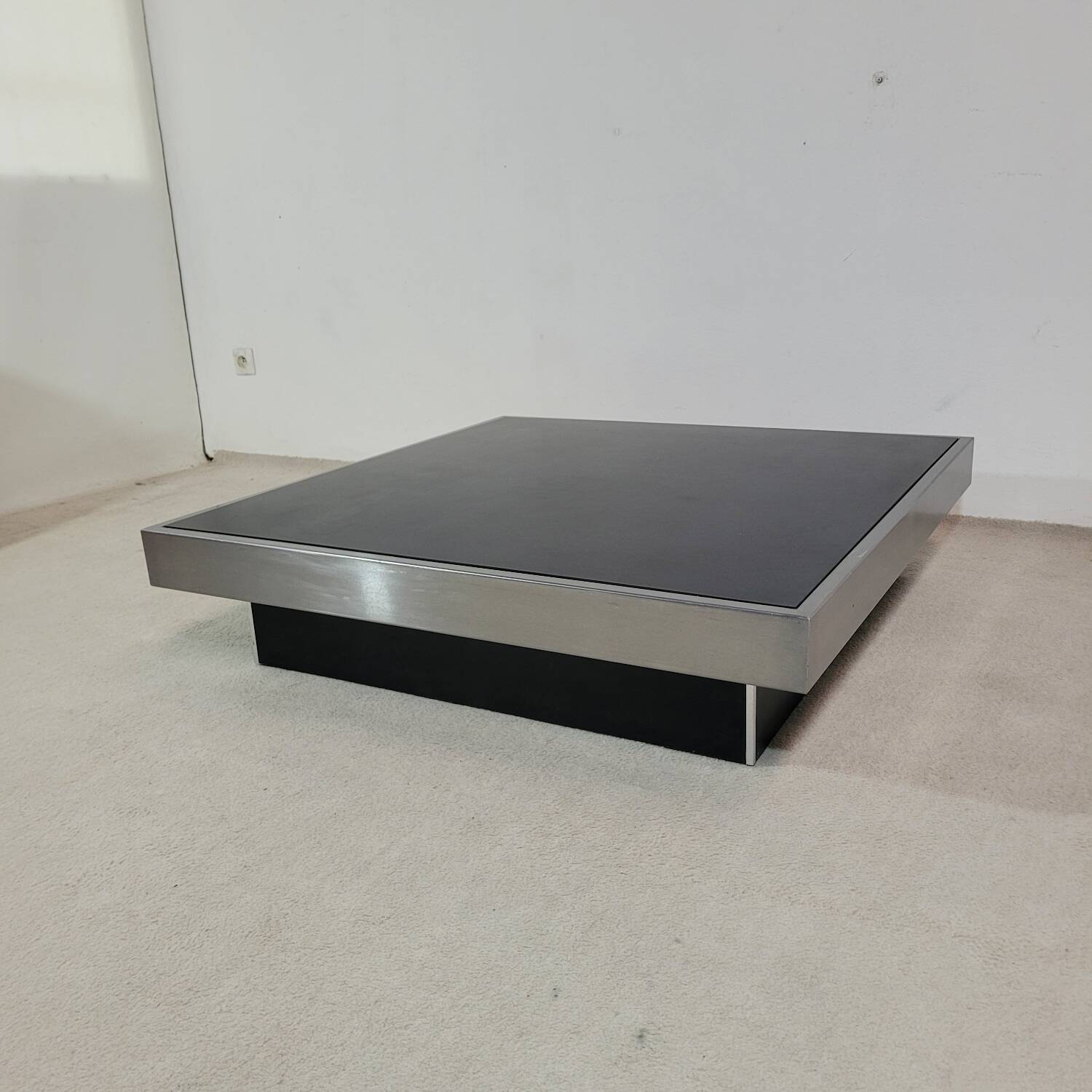 Large vintage black and stainless steel coffee table from the 1970s