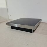 Grande table basse vintage noir et inox des années 1970