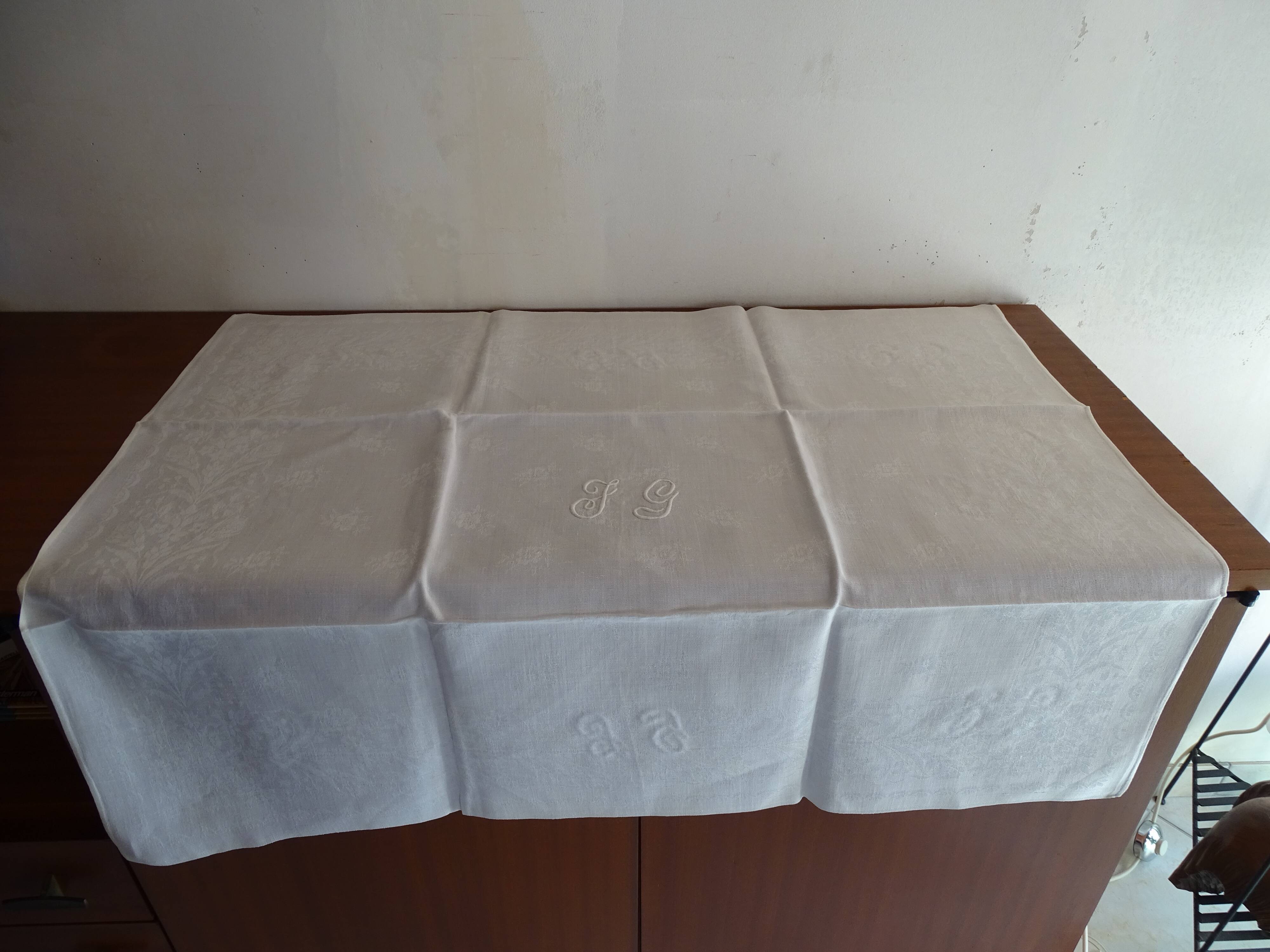 Lot de 10 serviettes de table brodées coton damassé monogramme J.G