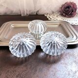 Trio of salt shakers, pepper shakers, molded glass salt shakers