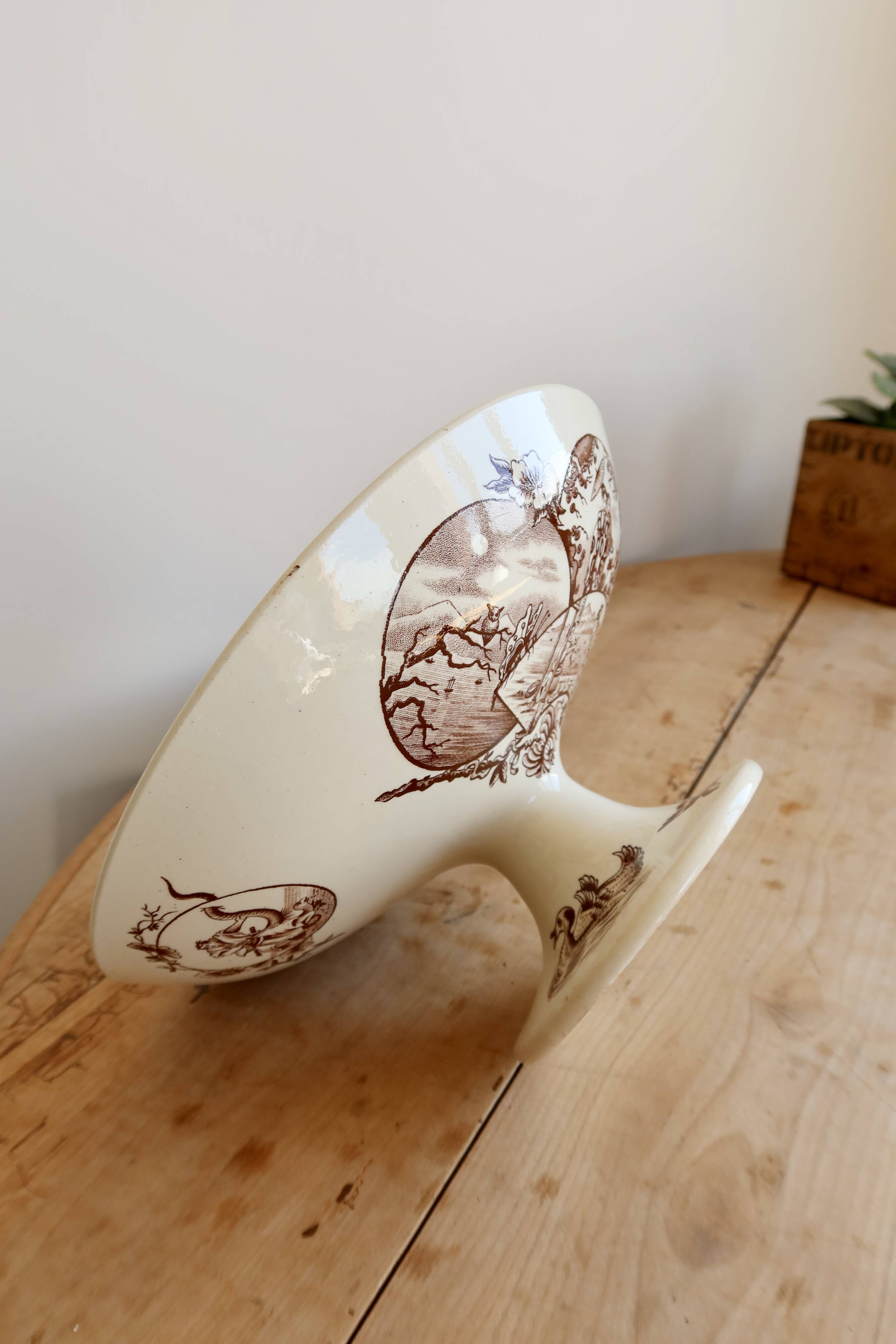 Antique compote dish made of ironstone, ivory and sepia, Clairefontaine with oriental decoration.