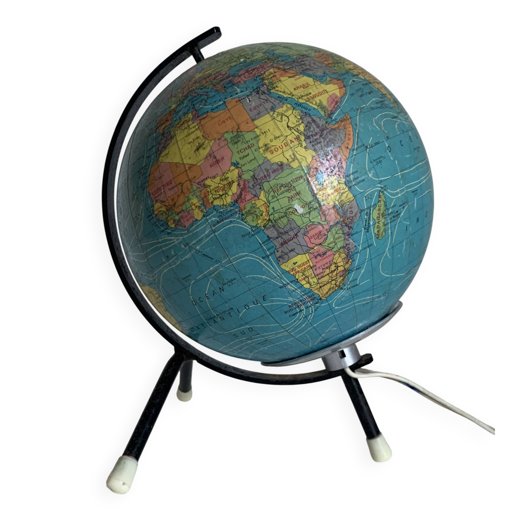 Vintage 1972 globe, terrestrial world map, glass, tripod - 22 cm