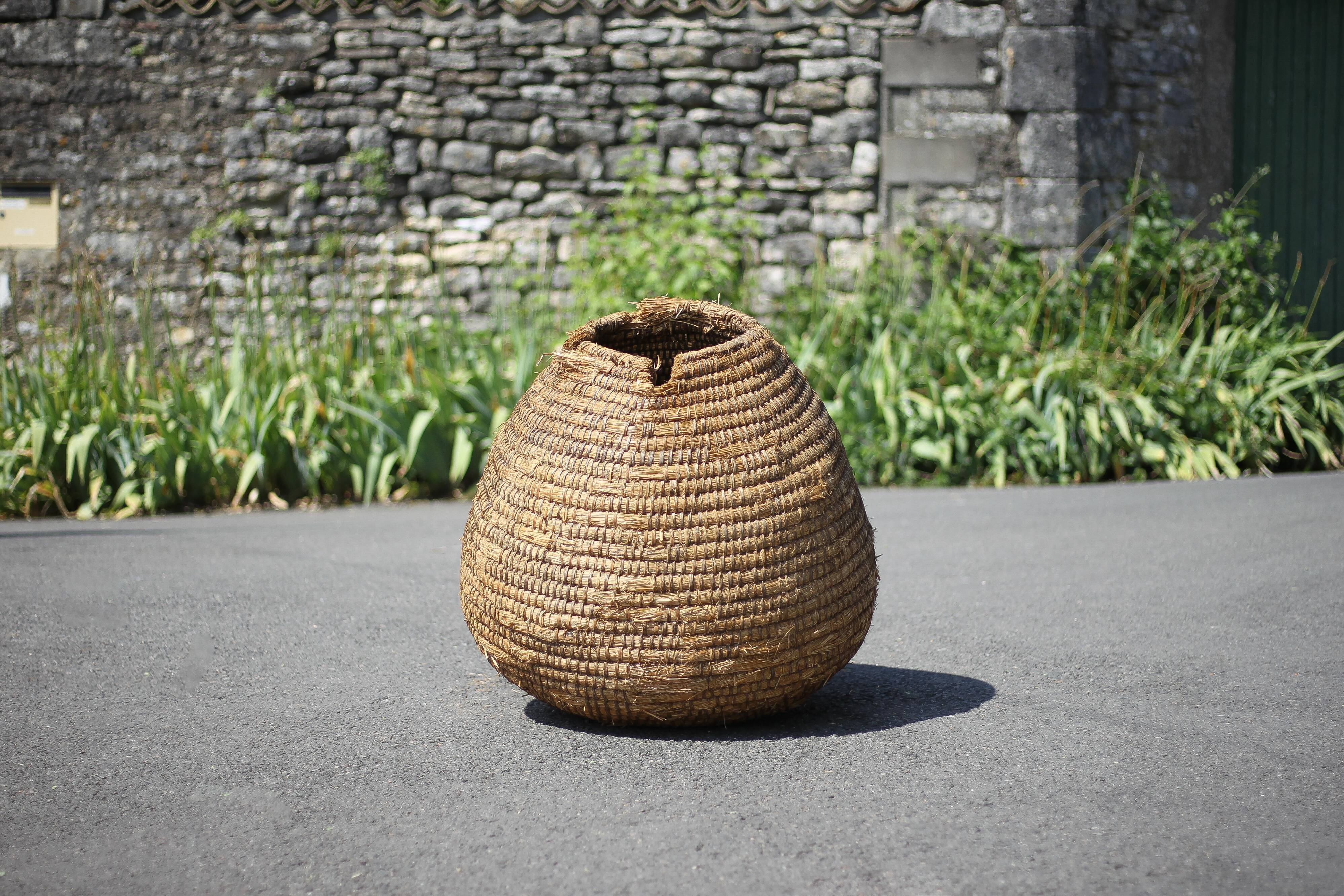 Old basket, burgundy straw and bramble, woven basket, interior decoration