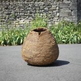 Old basket, burgundy straw and bramble, woven basket, interior decoration