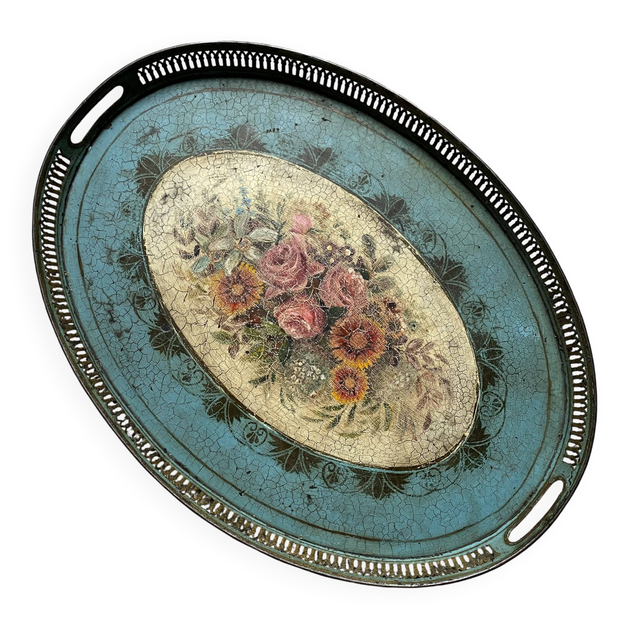Large oval metal tray in the Napoleon III style, 1960s