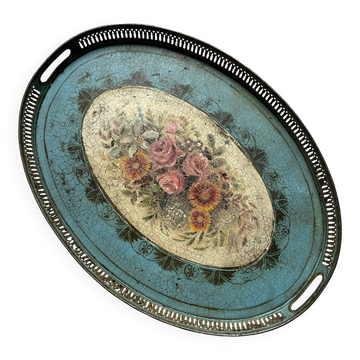 Large oval metal tray in the Napoleon III style, 1960s