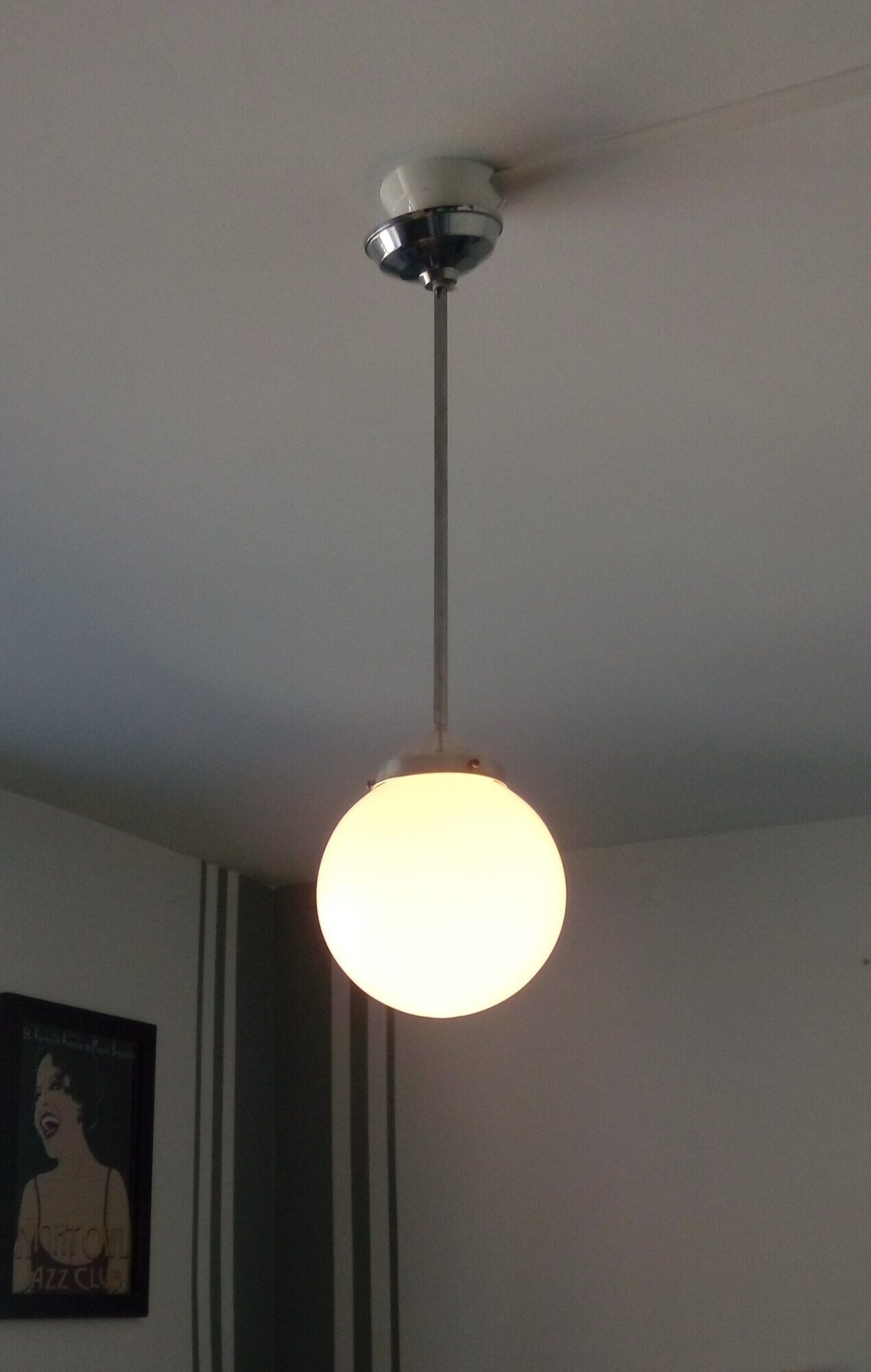 Aluminium and globe ball opaline white hanging lamp1940