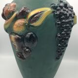 Green ceramic vase with polychrome decoration of fruits and vegetables in relief 33.5 cm