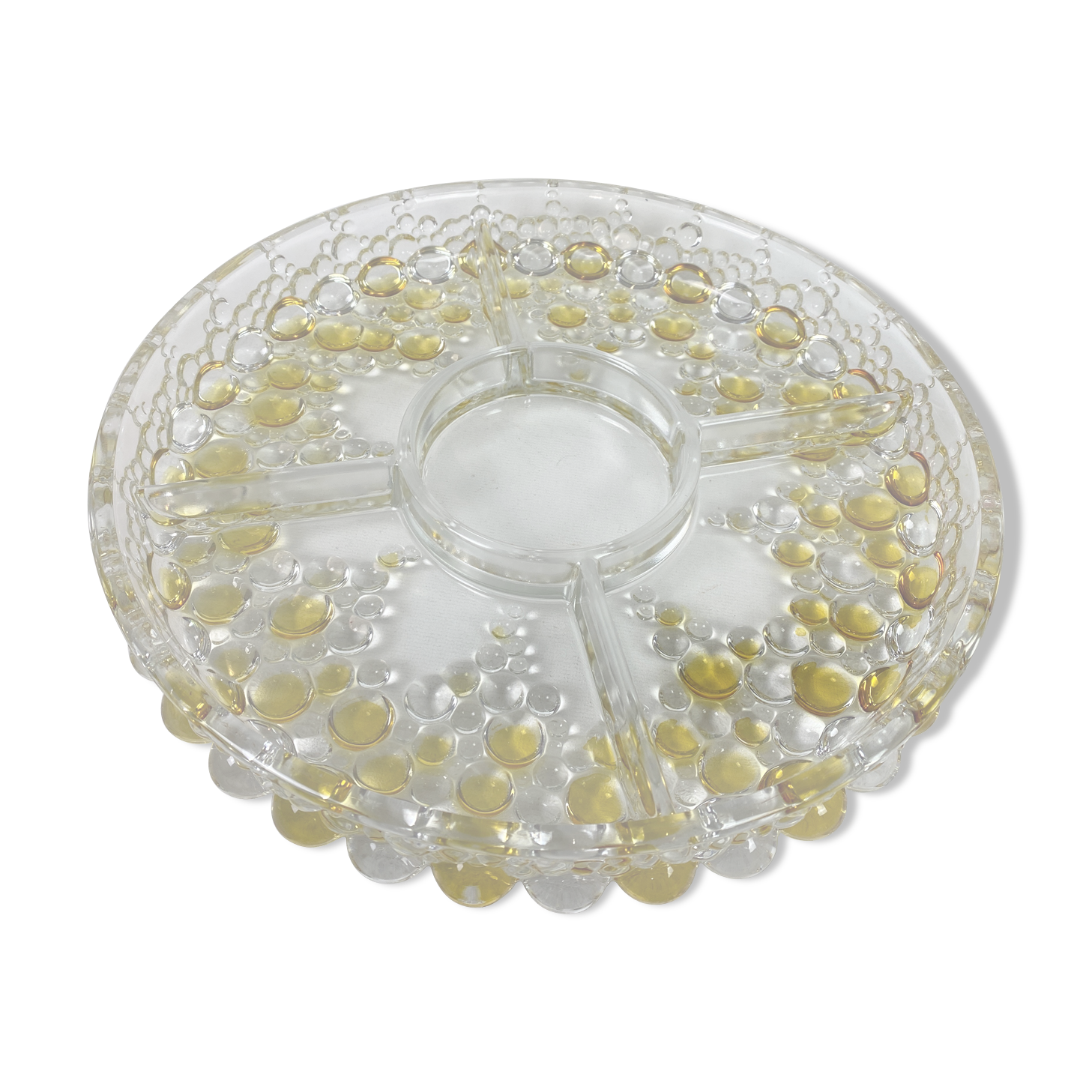 Thick glass plate compartmentalized decorating yellow bubbles