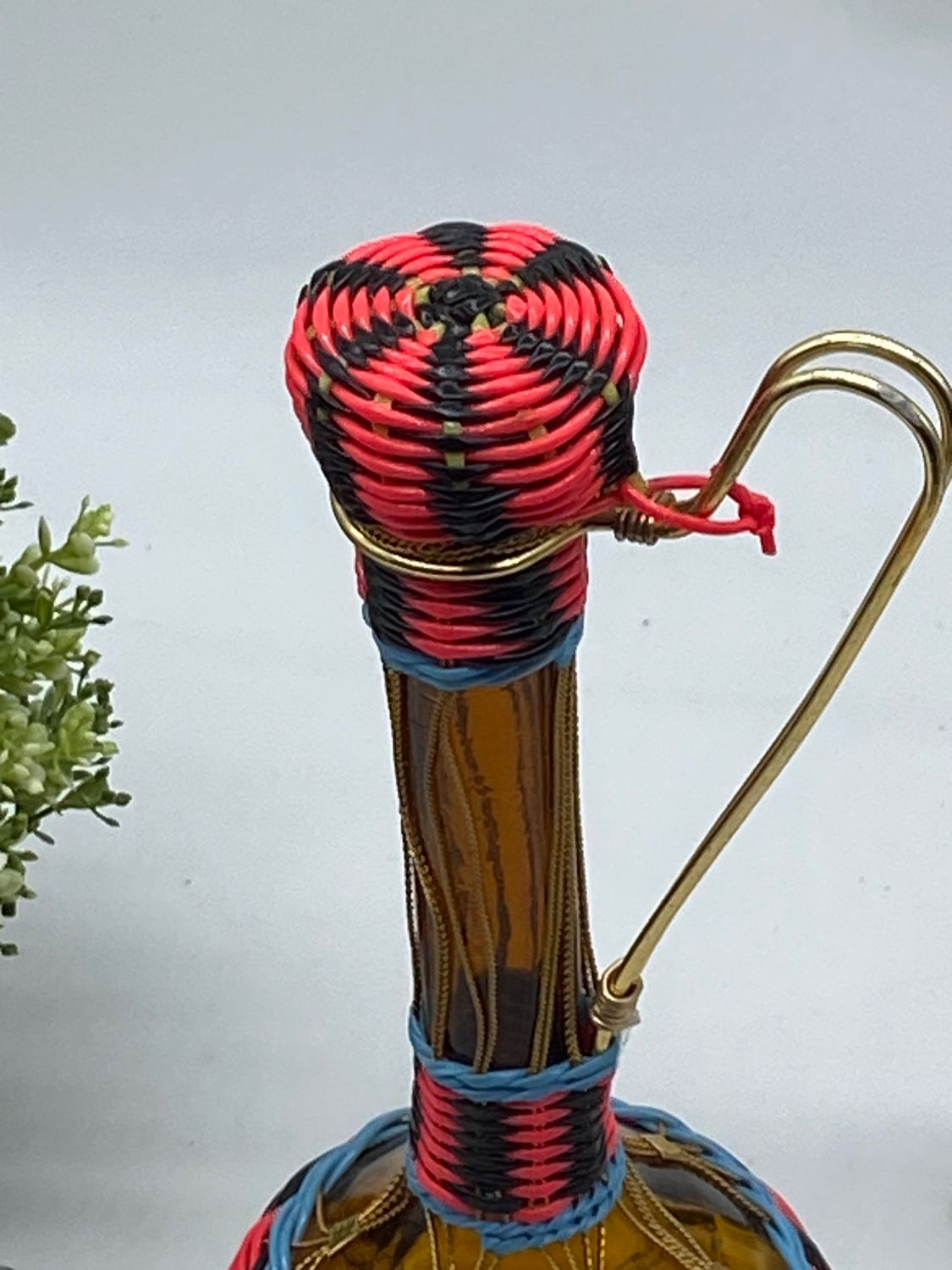 Bottle, carafe, lady Jeanne, scoubidou , vintage, plastic thread ,