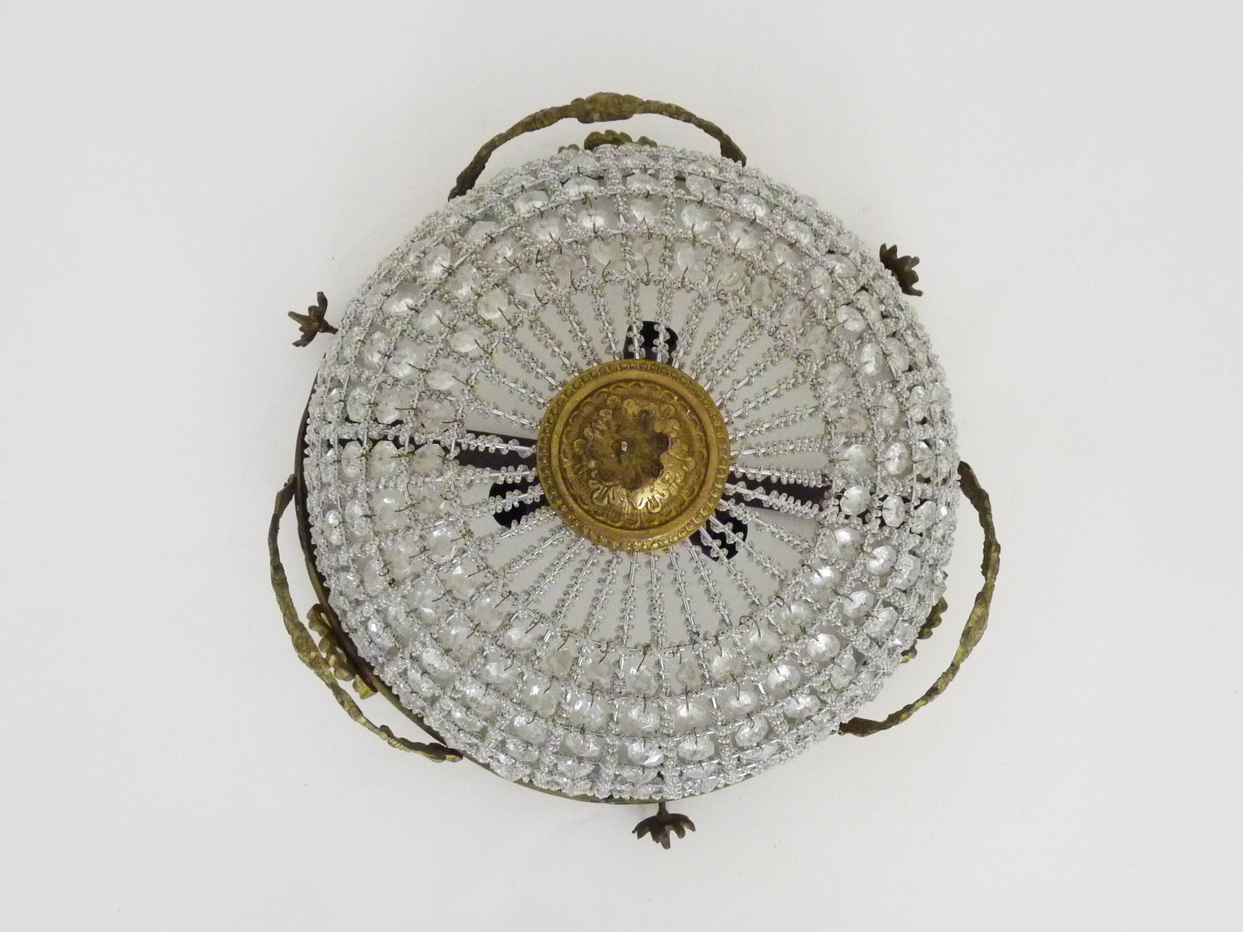 Half-basket ceiling light with 3 bronze lights and glass pendants. 1980s