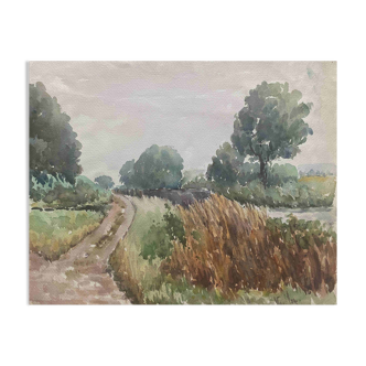Watercolour painting Maurice Thevenin (1895-1967) Moulin rouge Doubs Jura