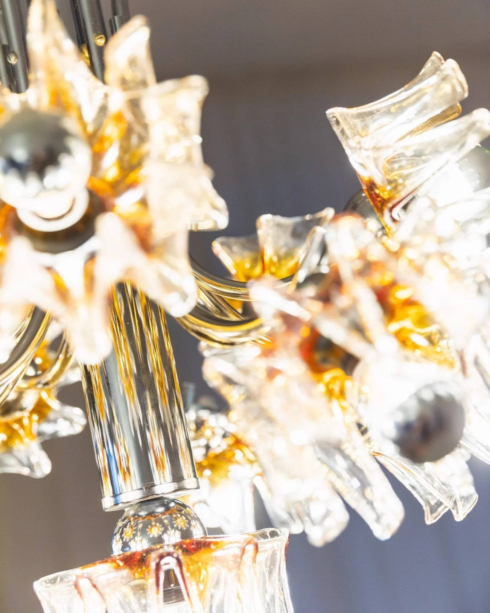 Carlo Nason Murano Glass Flower-Shades Chandelier by Mazzega - Chrome and Transparent Amber Glass, Hollywood Regency, 1970s