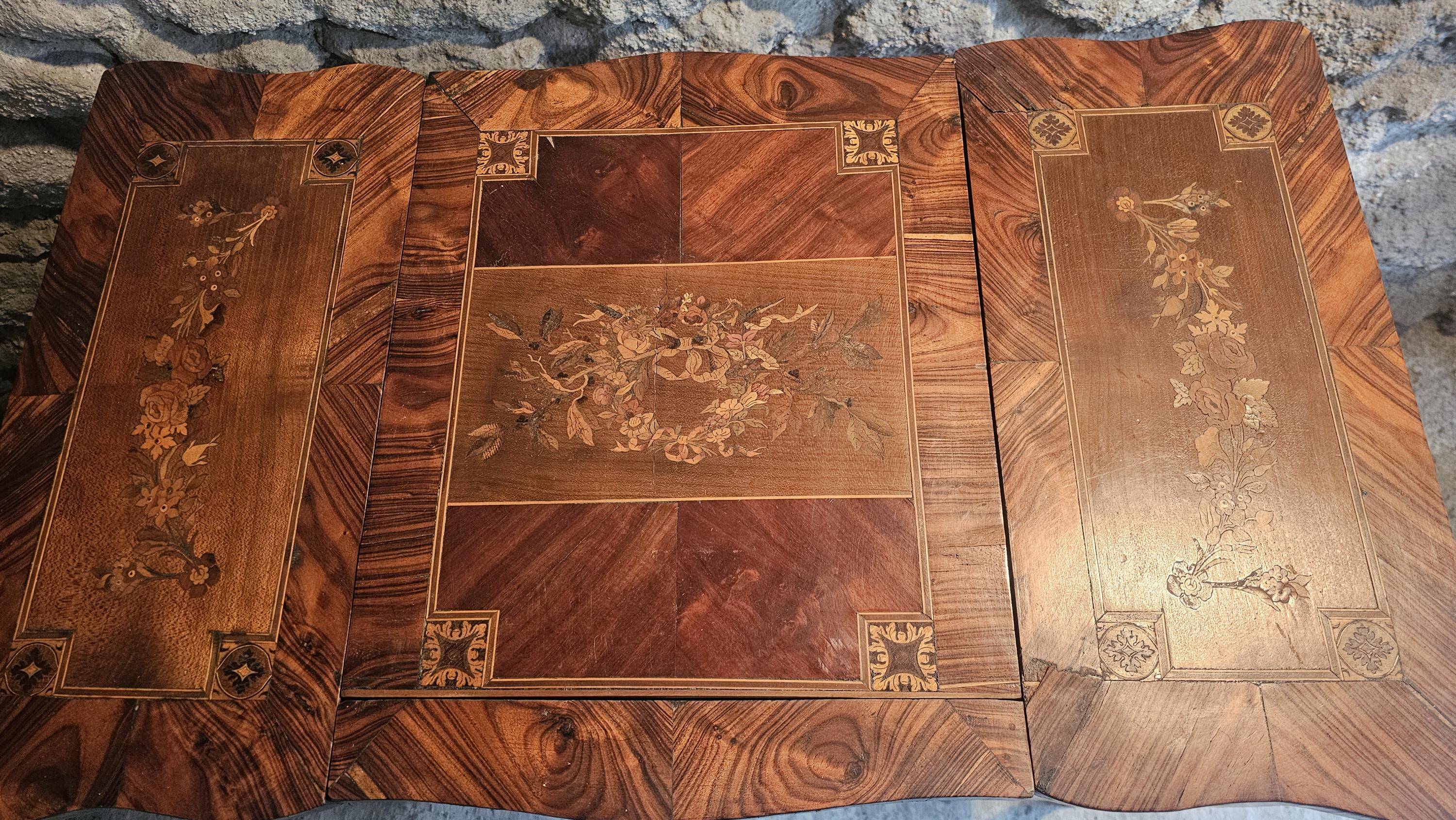French marquetry dressing table, circa 1900, with adjustable mirror and storage.
