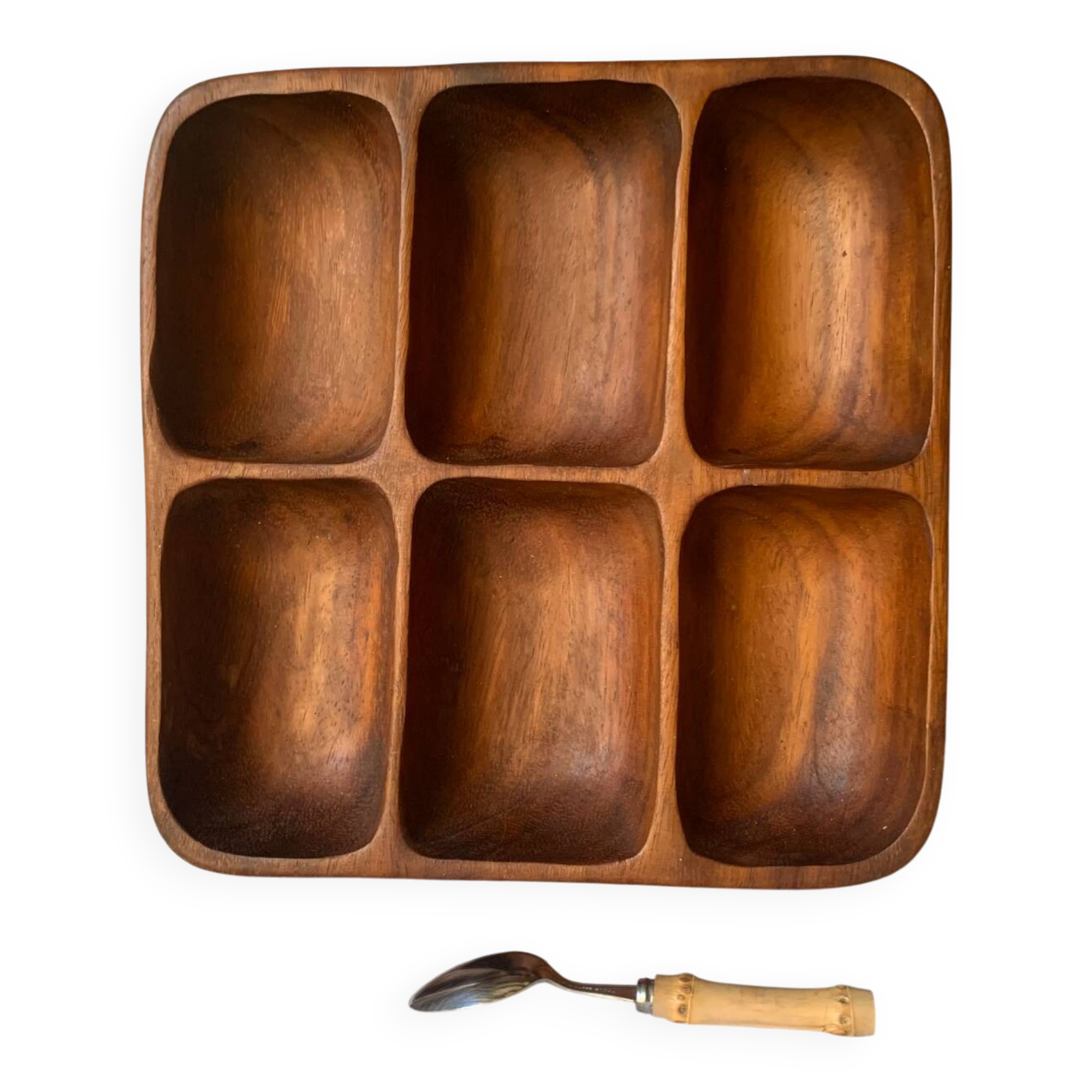 Large vintage wooden tray 6 compartments