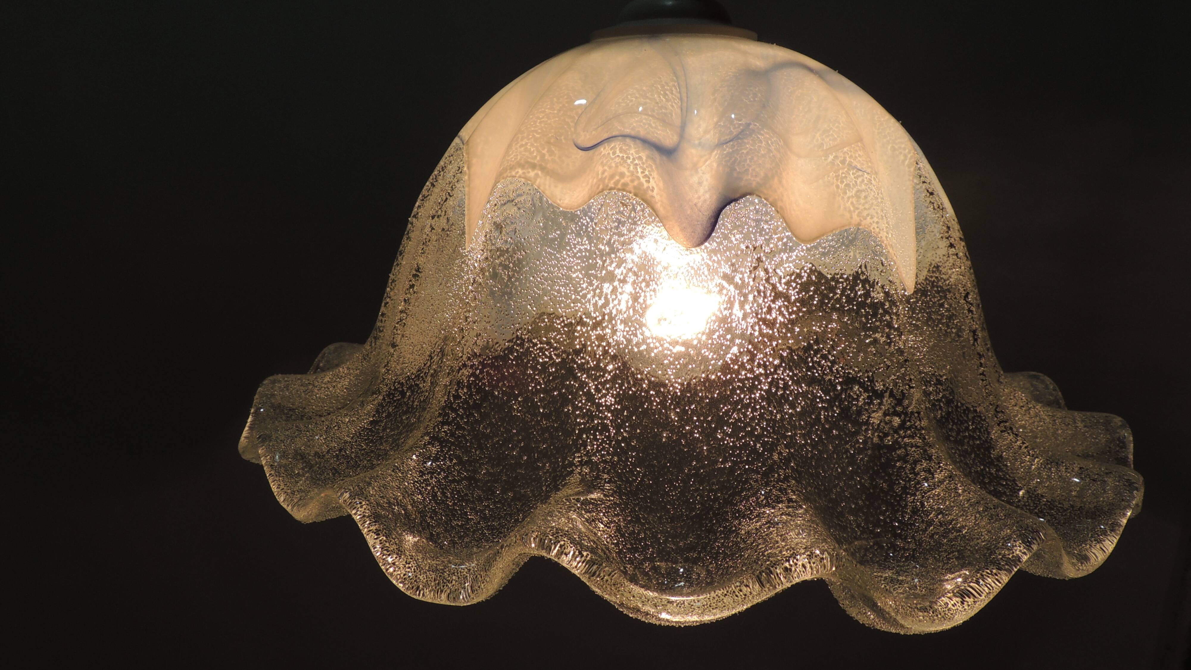 Vintage Murano blown glass suspension lamp with blue and white shell.