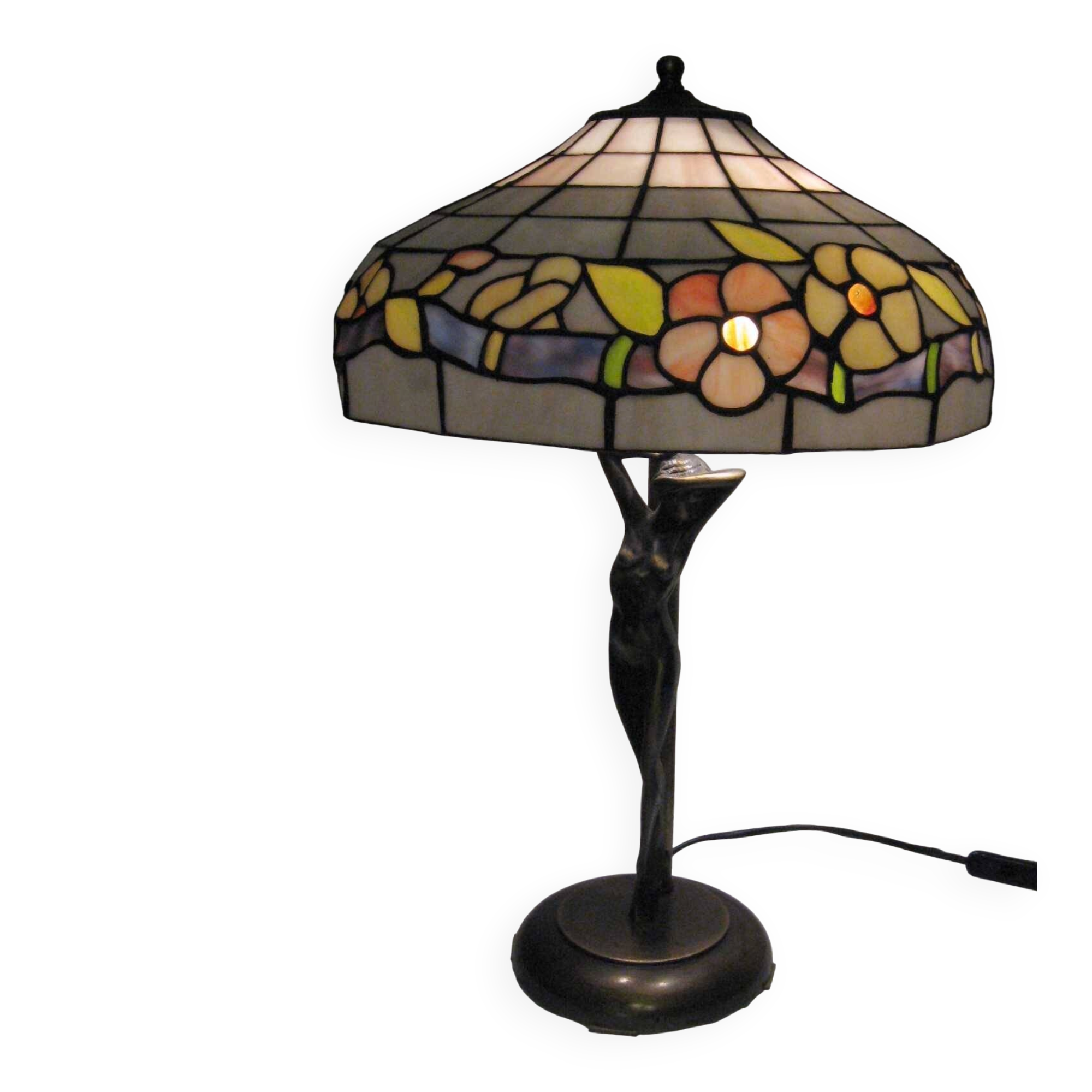 Art Nouveau Table Lamp in Burnished Brass and Coloured Glass (c. 1980)