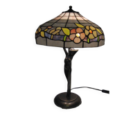 Art Nouveau Table Lamp in Burnished Brass and Coloured Glass (c. 1980)
