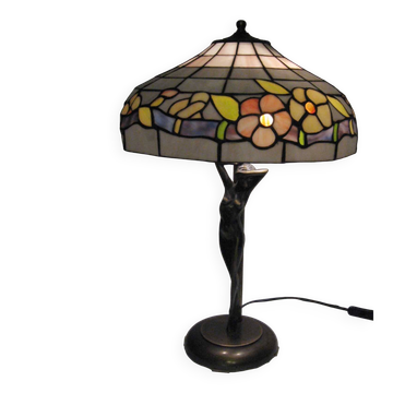 Lampe de Table Art Nouveau en Laiton Bruni et Verre Teinté (c. 1980)