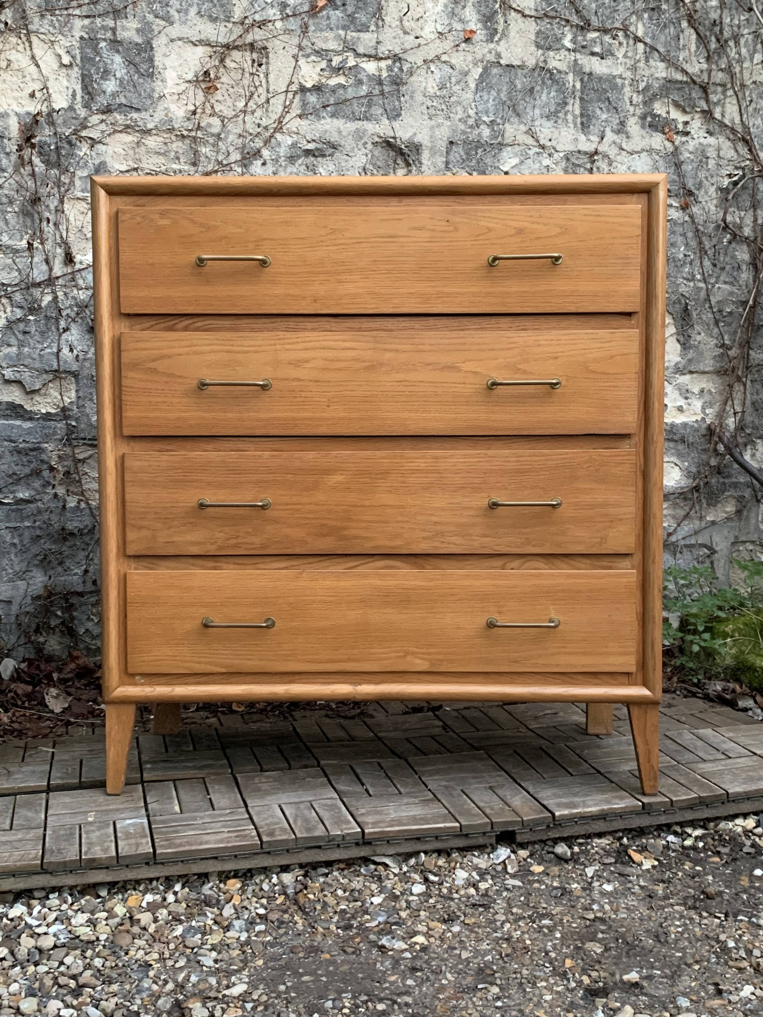 Vintage chest of drawers with compass feet, oak, original patina, 1950s