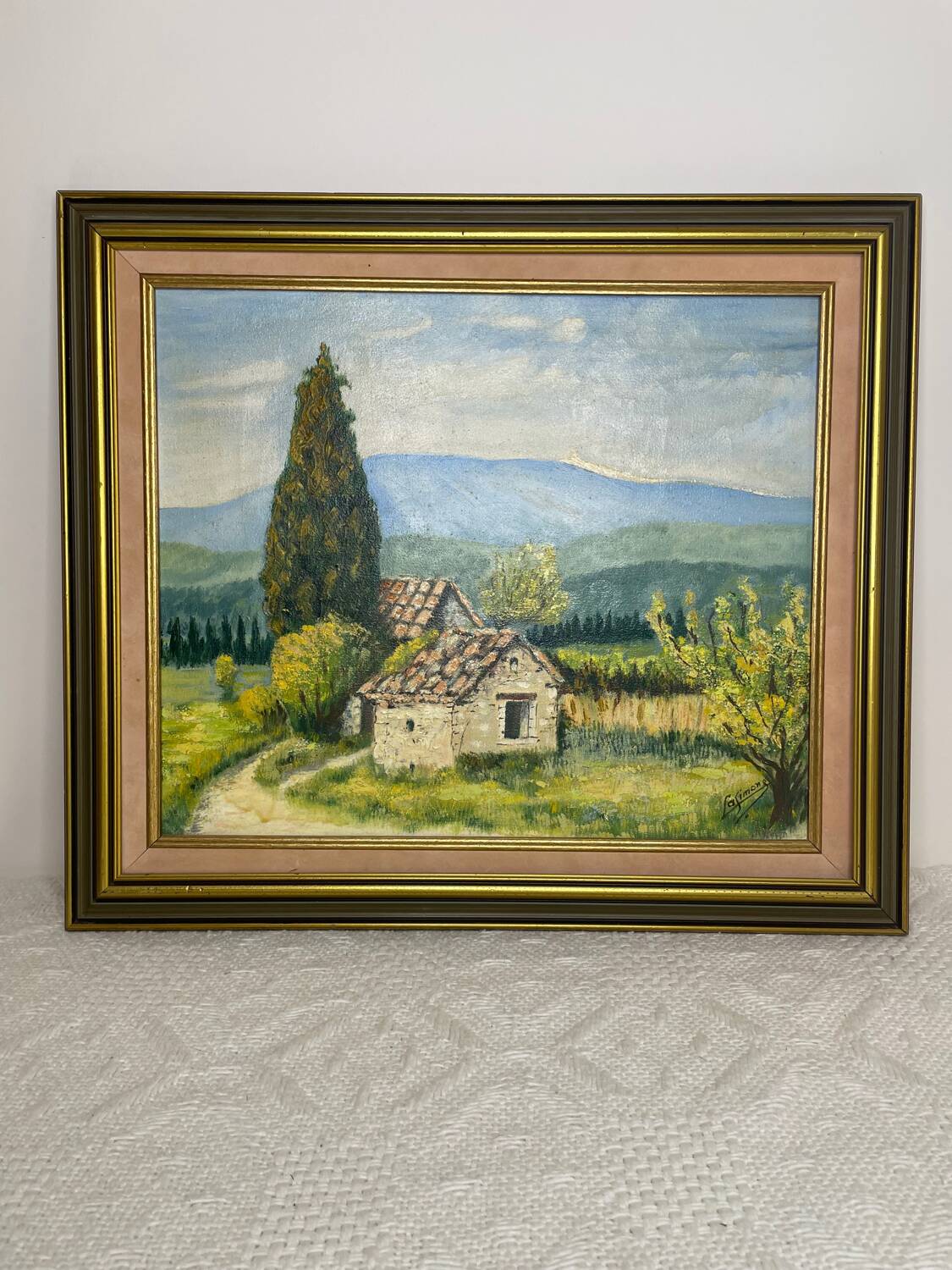Painting of Mont Ventoux signed Lasimone in gilded wooden frame