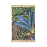 Painted canvas depicting a toucan on a stylized background. Contemporary.