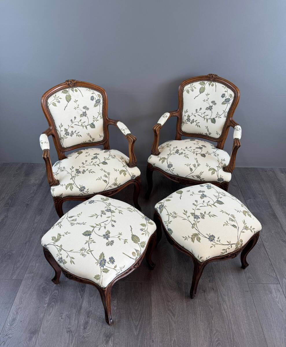 Pair of Louis XV Style Armchairs and Two Footstools, 19th Century