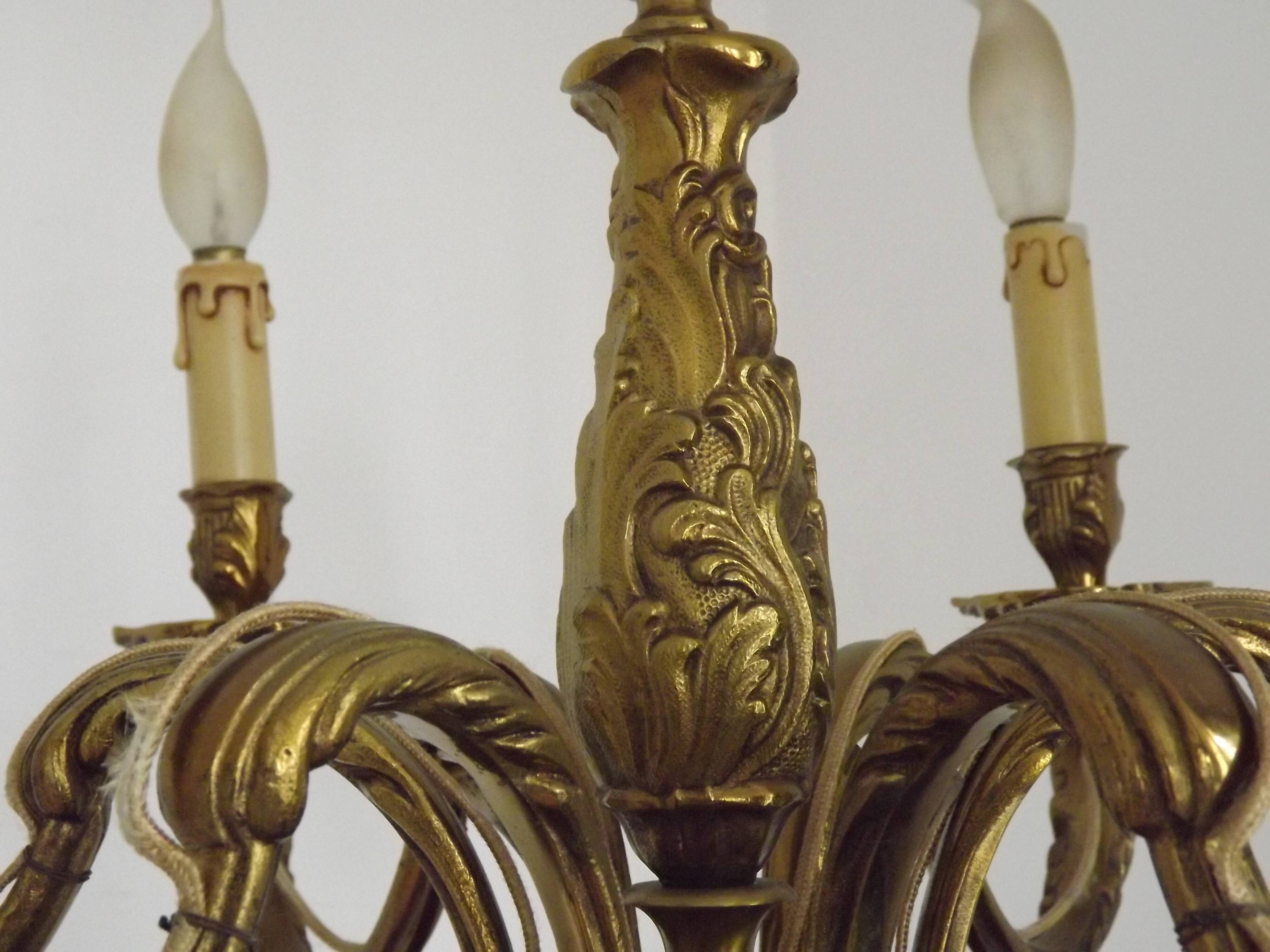 French Art Nouveau Bronze 6 Light Chandelier with Scroll Arms and Leaf Details 5583