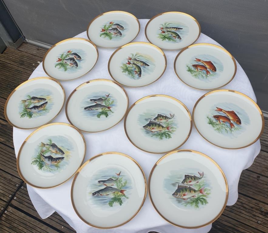 Set 12 plates porcelain fish edge laurel gold Bernardaud