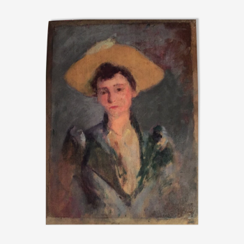 Huile sur panneau, portrait d’une jeune femme au chapeau jaune, XIXème école française