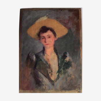 Oil on panel, portrait of a young woman in a yellow hat, xixth french school