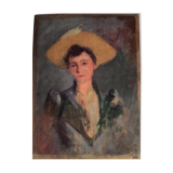 Huile sur panneau, portrait d’une jeune femme au chapeau jaune, XIXème école française