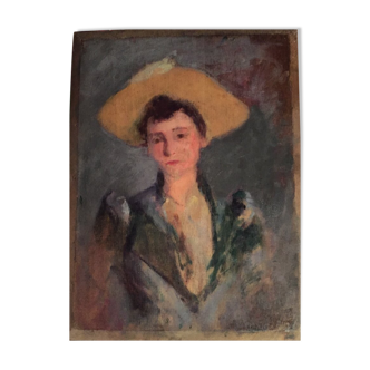 Huile sur panneau, portrait d’une jeune femme au chapeau jaune, XIXème école française