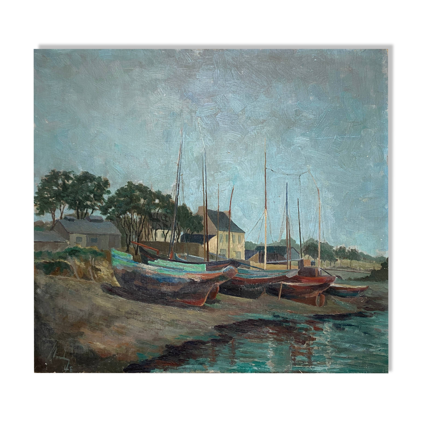 Table "Village and boats by the sea" Marine Bretagne signed 1948